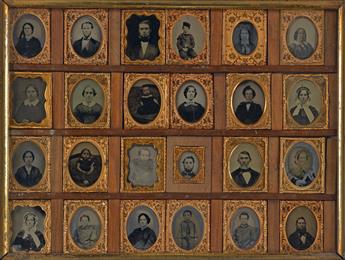 (PHOTOGRAPHERS DISPLAYS) Pair of framed photographs, including a period wooden photographers display frame with 24 ninth-plates,